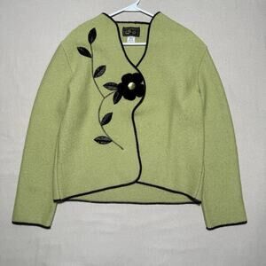 Vintage South Wool Green Floral Applique Cardigan Sweater Women’s Large Button